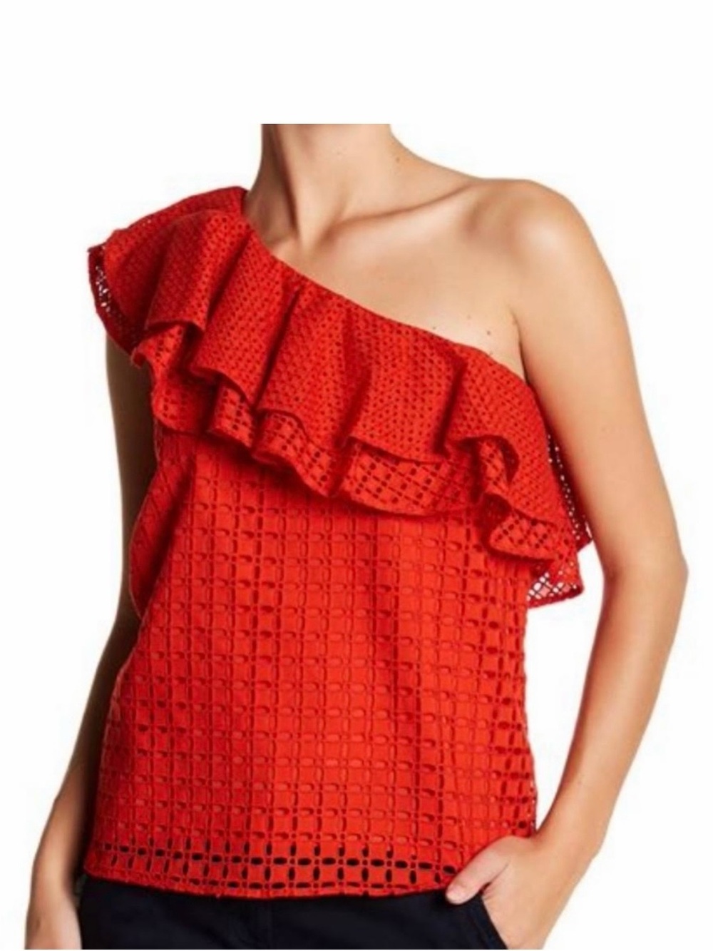 J. Crew One-Shoulder Red Eyelet Ruffle Top - Size 2